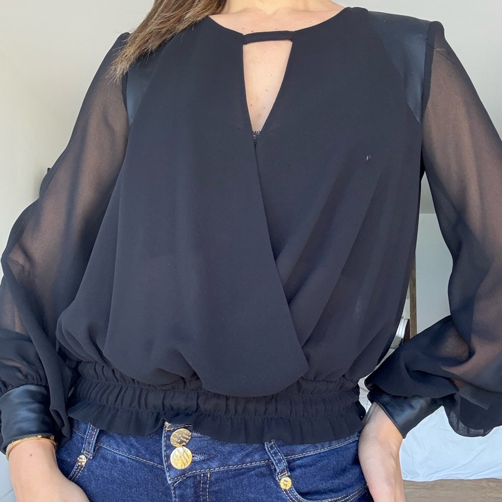 MARCIANO Black Blouse with Faux Leather Trim - Size Small